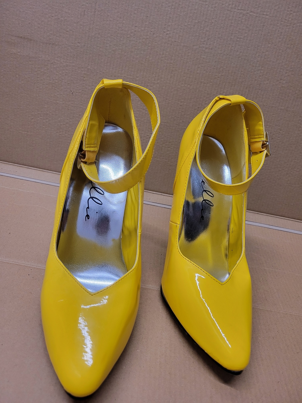 Elle Yellow Patent Pointed Toe Ankle Strap Pumps